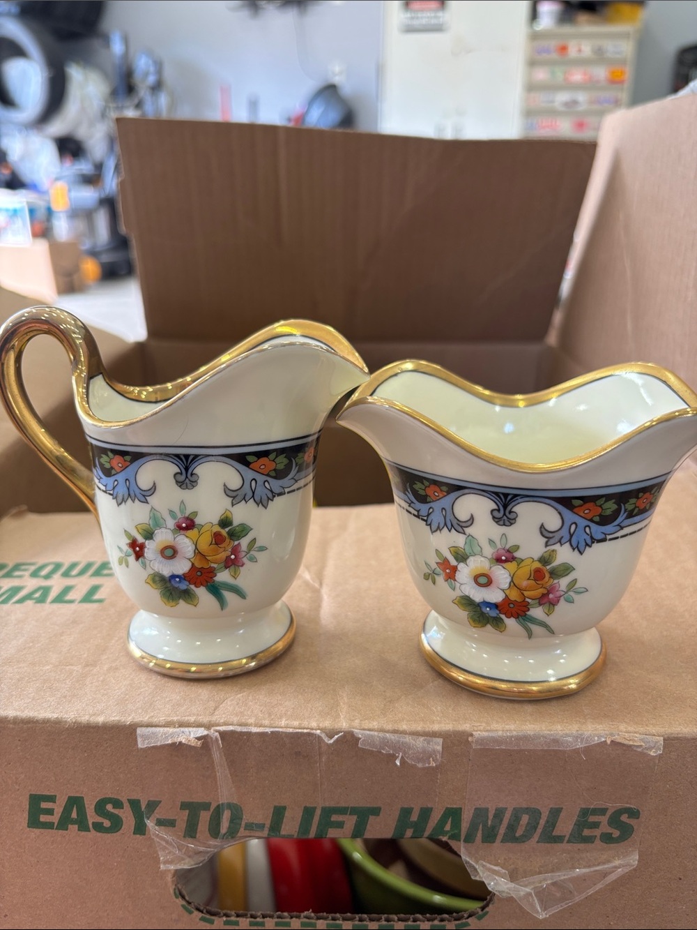 Noritake White Floral Gold-Trim Porcelain Creamer and Sugar Bowl